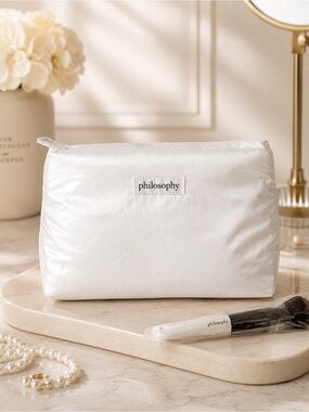 Philosophy White Satin Makeup Cosmetic Bag Travel Pouch Brush Set NWT